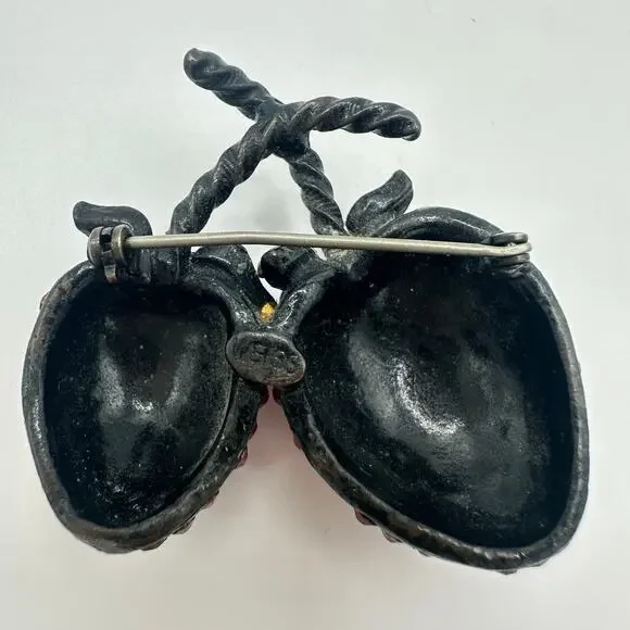 Weiss vintage black gunmetal red green rhinestones double strawberry brooch - Picture 6 of 8